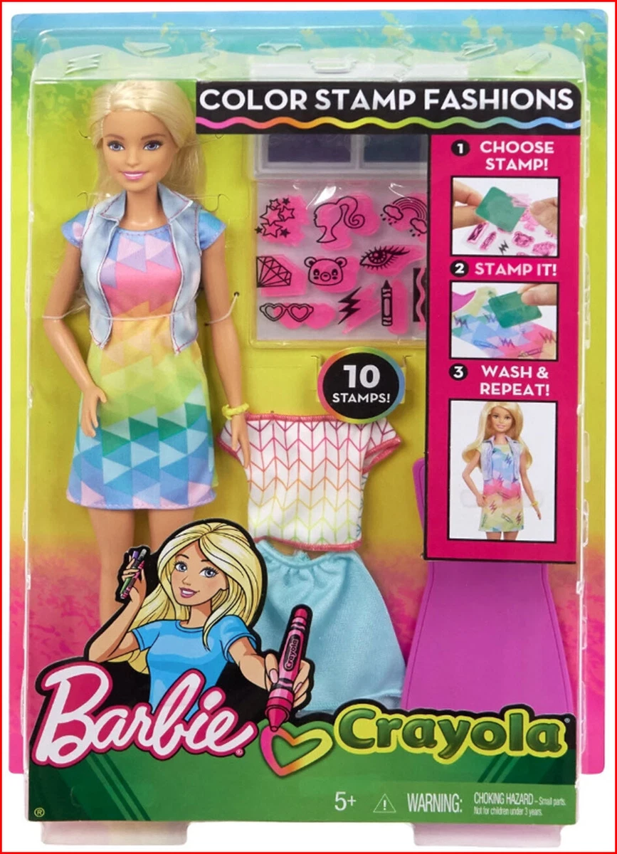 Barbie Crayola COLOR STAMP Fashions Set BLONDE Barbie Doll 23 Pieces NEW
