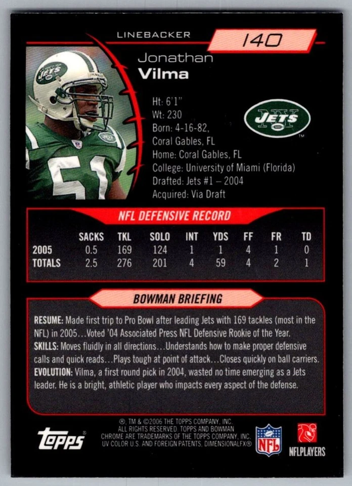 2006 Bowman Chrome Jonathan Vilma New York Jets #140 - Image 2 of 2
