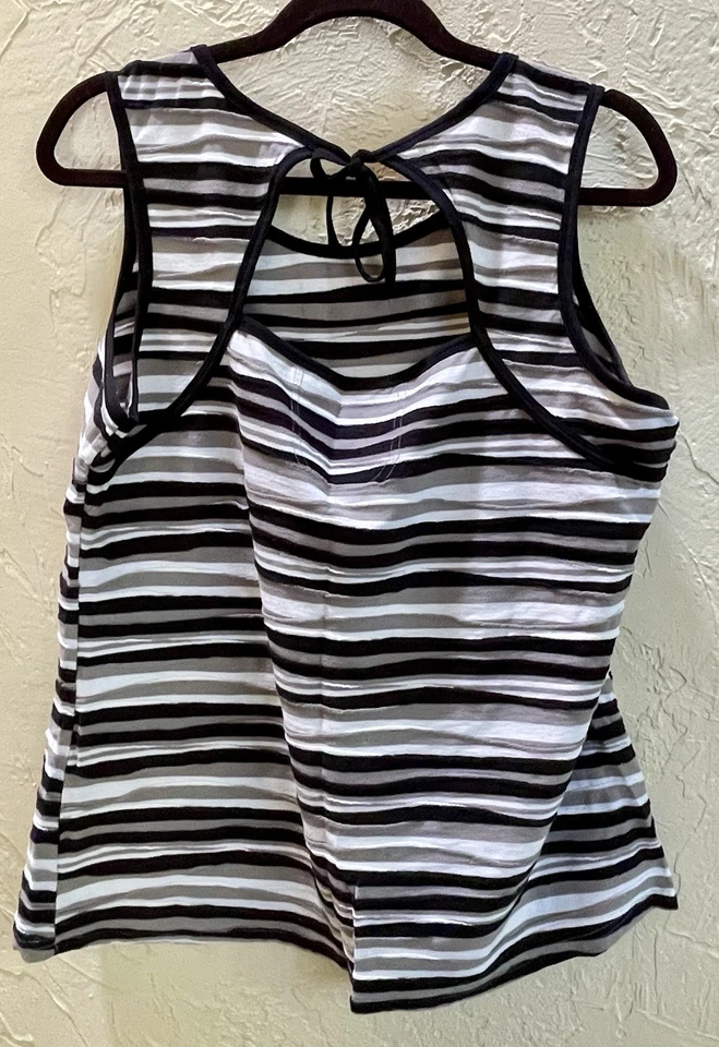Camiseta sin mangas ExOfficio para mujer talla XL blanca gris negra a rayas con corbata espalda abierta Foto 2 de 4