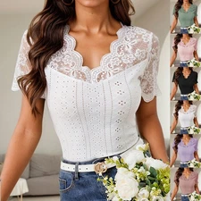 Womens Lace Floral Short Sleeve Blouse Tops Ladies Casual Slim Fit T Shirt Tee