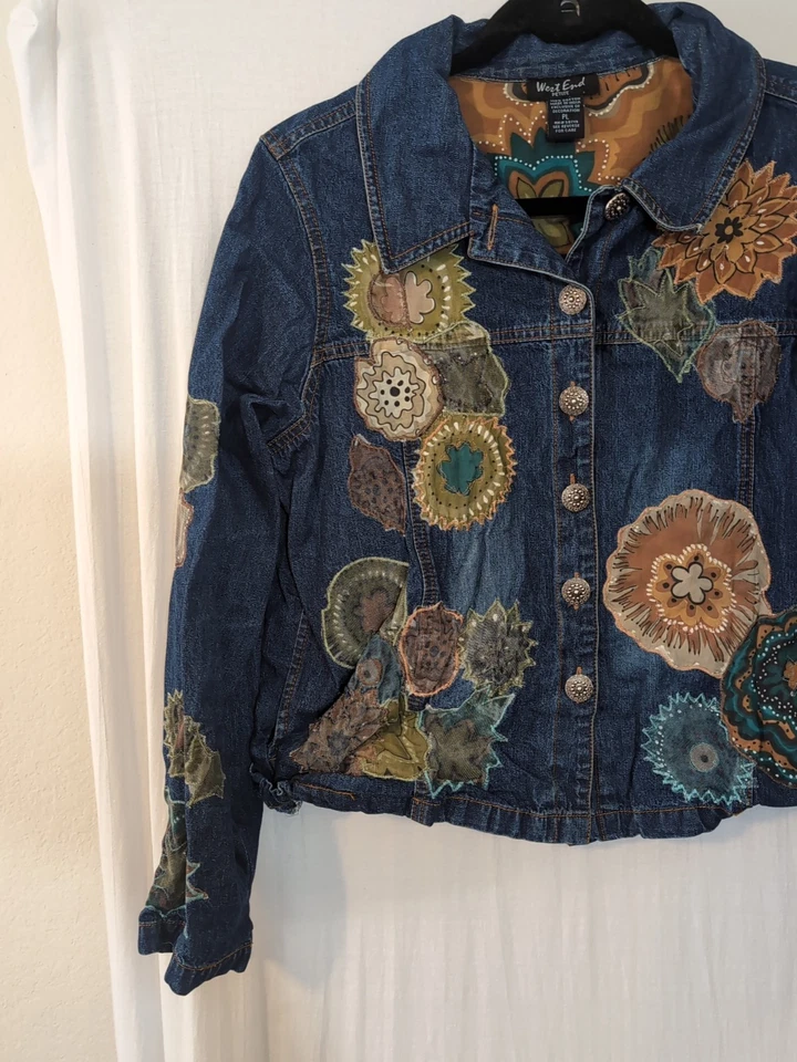 Chaqueta Jeans Wear End L Pequeña Bordada Western Festival Boho Rodeo Abrigo Foto 3 de 4