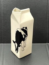 Margo 1984 Ceramic Quart-Size Milk Carton Pitcher, Holstein Cow Graphic-Vtg