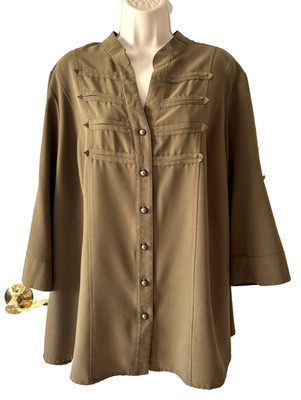 Kathy Che Stretch Women's Blouse Green Plus 18/20W 3/4 Sleeve Button-Up Top
