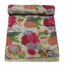 Indian Handmade Floral Cotton Kantha Quilt , Bedspread , Throw Blanket