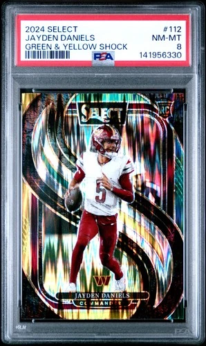2024 PANINI SELECT GREEN & YELLOW SHOCK #112 JAYDEN DANIELS ROOKIE RC PSA 8