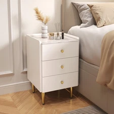 Solid Wood Nightstand 15.7" with 3 Drawer White and Gold Night Stand Curved E...
