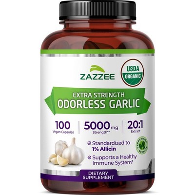 USDA Organic Odorless Garlic 20:1 Extract, 5000 mg Strength, 100 Vegan Capsules