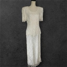 Beaded Floral Lace Sheath Formal Maxi Special Occasional Gown Size M