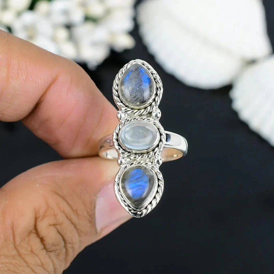 Naturale Labradorite & Acquamarina Anello 925 Argento Sterling Promessa Boho - Immagine 3 di 4