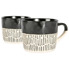 2x Black 450ml Dipped Dash Stoneware Coffee Mugs Large Ceramic Tea Cups Set