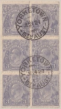 AUST KGV 3d BLUE SINGLE WMk. BLOCK of 6. USED. (M047)