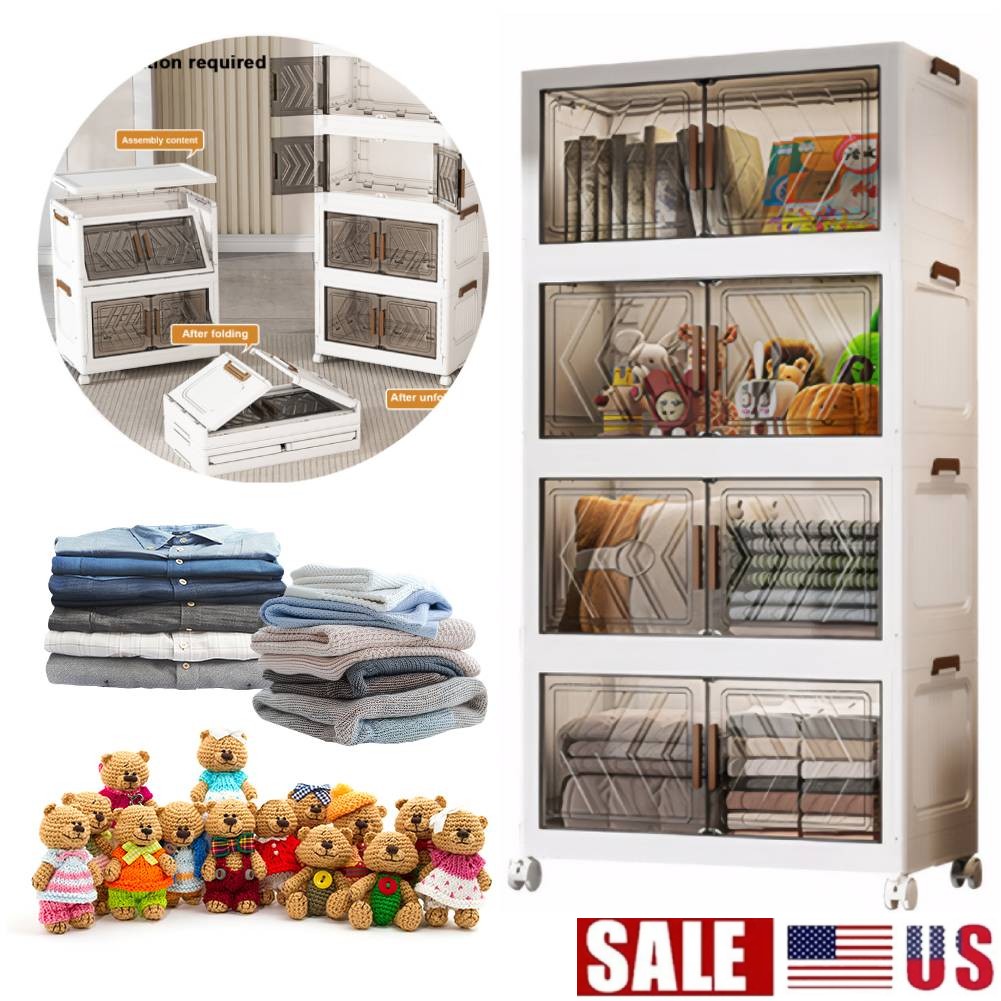 4 Tier Stackable Storage Bins with Lids Doors Wheels Storage Drawer (Clear)