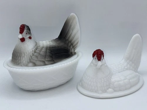 Vintage Westmoreland White Milk Glass Hen on Nest w/Extra Hen Lid