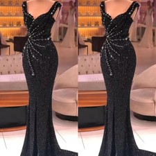 Evening Black Sequin Dress Mermaid Front Split Prom Gowns Beading Slim Party