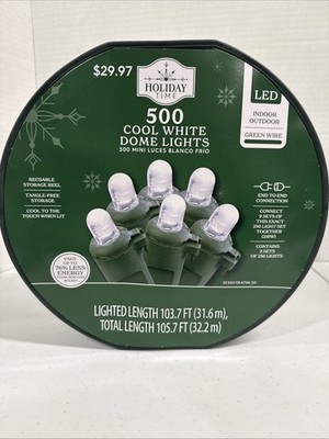 Holiday Time 500 Cool White Dome Lights LED Green Wire 2 Sets of 250 Lights
