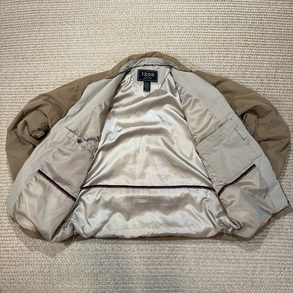 复古 IZOD 棕褐色轰炸机夹克男式 XL 有衬里 状况完好 — 第 2/4 张图片