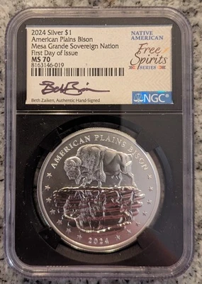 2024 Silver American Plains Bison NGC MS70 FDOI Mesa Grande Beth Zaiken Signed - Image 1 of 4