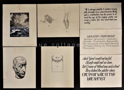 LOT 1936 antique 7p ORIG ART HENZE phila pa PEN INK SKETCH typography watercolor