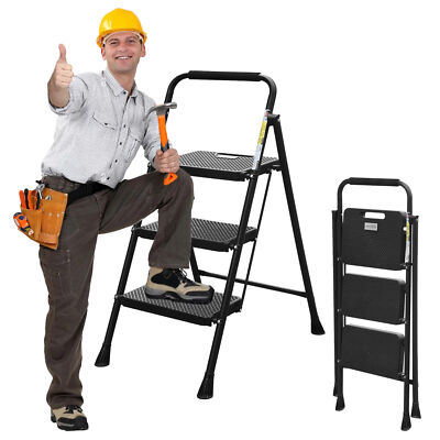 3-Step Ladder steel Step Stool w/Wide Anti-Slip Pedal & Handgrip Folding Ladder