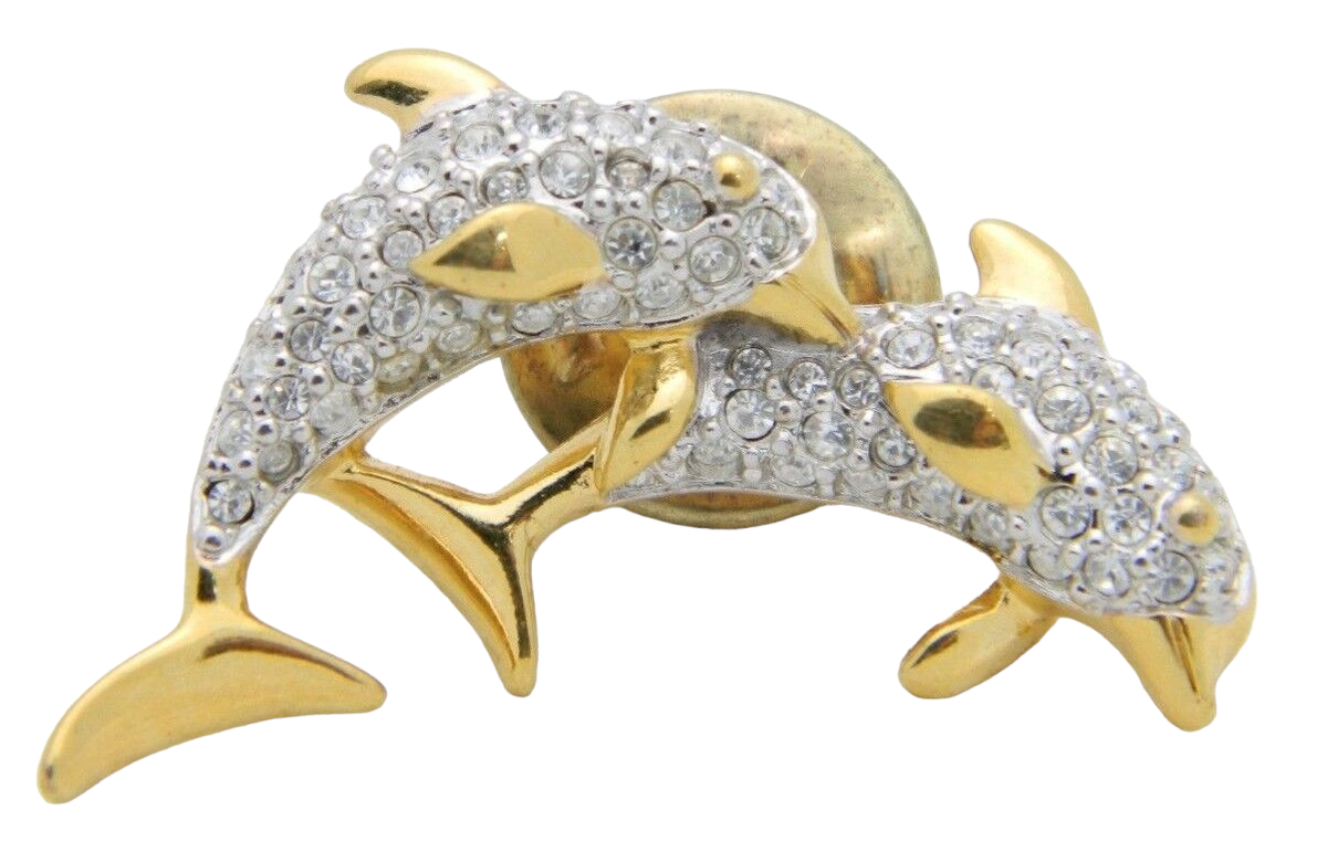 dolphin28☆スワロフスキー Vintage SWAROVSKI Signed Gold Tone Clear Rhinestone Dolphin Pin