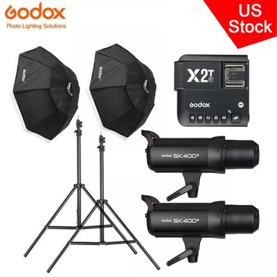 US Godox 2*SK400II Studio Flash+X2T Trigger+95cm Softbox Light Stand Kit Fr Fuji