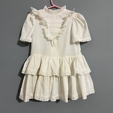 Vintage Hi-Girls Inc Dress White Circle Drop Waist Ruffles No Size 19 Length