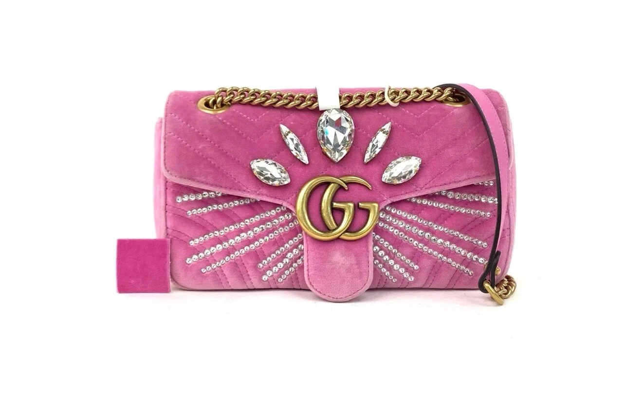 SAC BANDOULIÈRE GUCCI MATELASSE VELOURS MARMONT ROSE AVEC STRASS RARE !