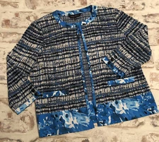 Ming Wang SZ L Knit Jacket Heritage Fit Blue Black Floral Open Front Cardigan