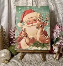 Retro Santa With Baby Deers, Kitschy Christmas, Handcrafted Plaque / Sign