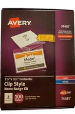 AVERY 74461 Clip Style NAME BADGES  2 1/4" x 3 1/2" 100 Badges NEW SEALED BOX