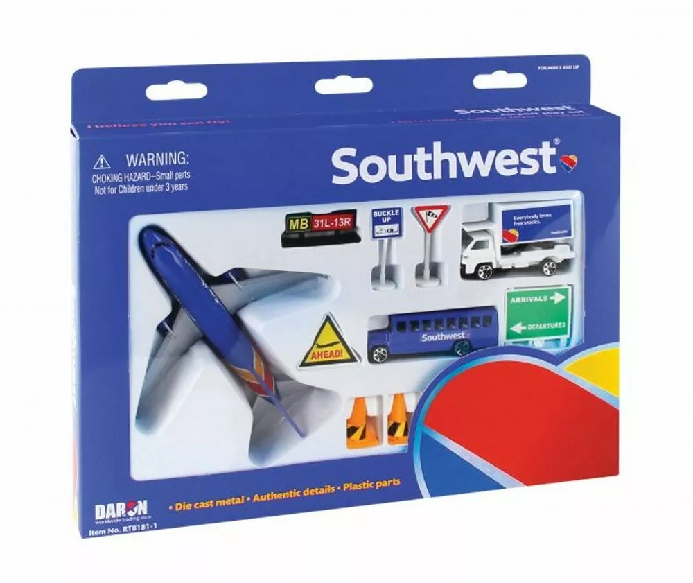 Toy Airplane Playset - Airport Playmat with Three 5.5 Diecast Model Planes & Accessories - Southwest, Spirit, Jetblue Airlines