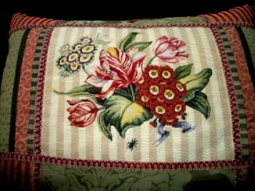 French 18th C Pattern Botanical Insect Needlepoint FEATHER Pillow HUGE Pair MCM - Image 3 of 4