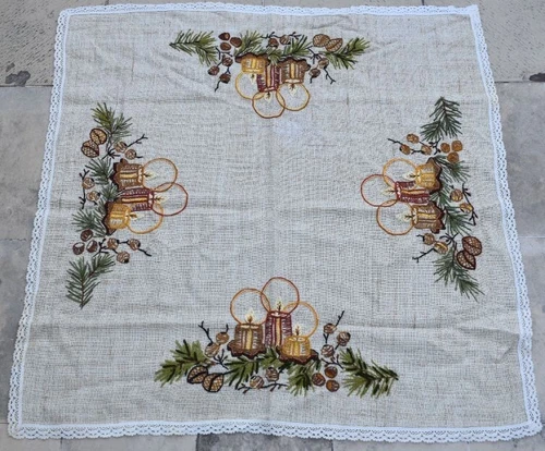 Vtg 31" x 31" Christmas Candle Embroidery Crochet Lace Beige Table Runner