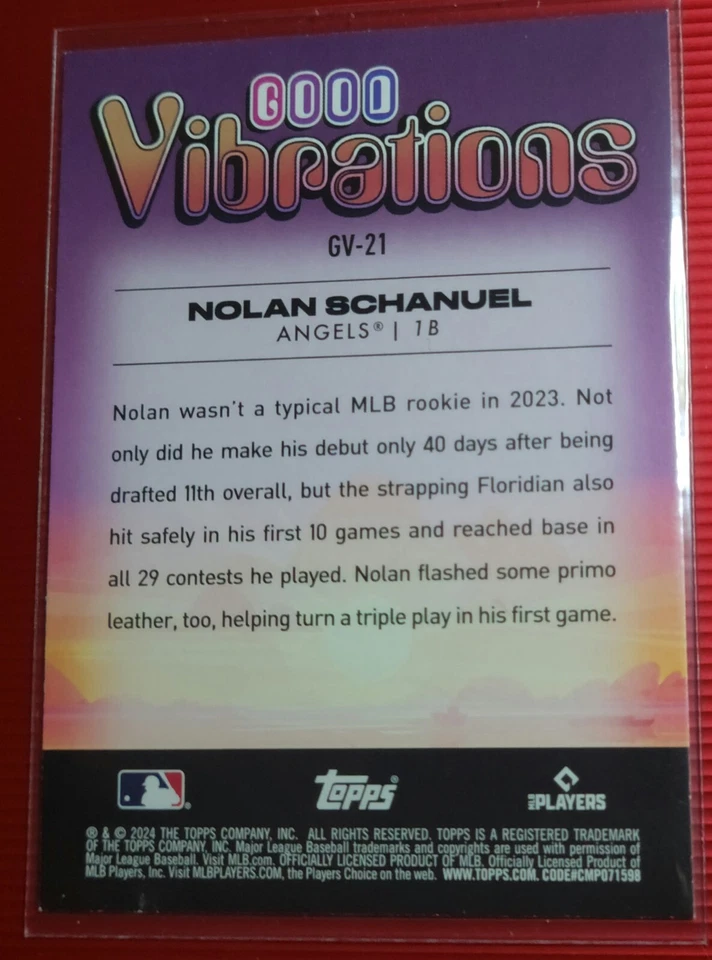 Nolan Schanuel 2024 Topps Big League MLB *Rookie* Good Vibrations Card No. GV-21 - Image 2 of 2