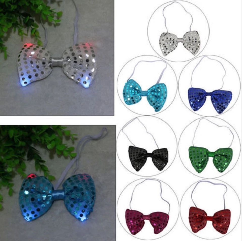 Flashing Light Up Bow Tie Necktie LED Mens Party Lights Sequins Bowtie Wedding - Image 3 of 3