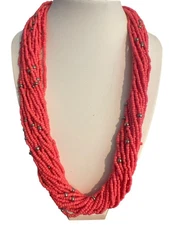 Multi-Strand Pink Silver Tone Beaded Necklace Seed Beads Adj Beach Vacation 22.5