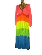 PITUSA Pride Rainbow  Tiered Maxi Dress Beach Travel Pool Cruise Summer Size P