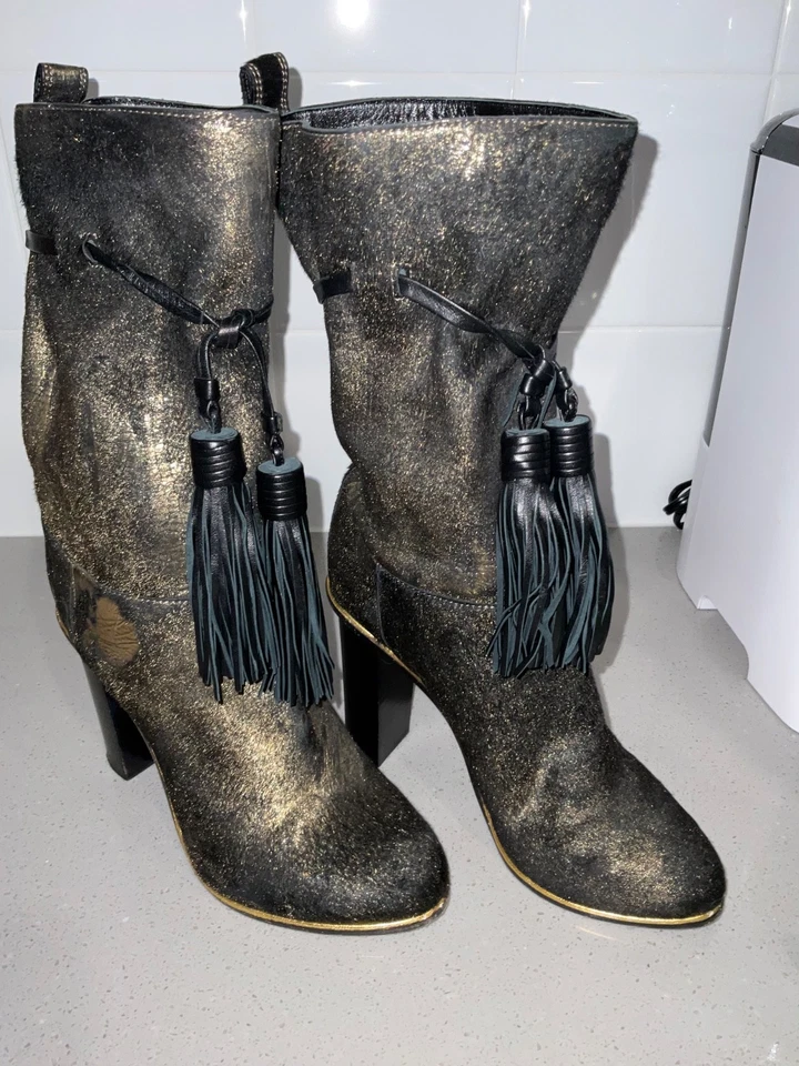 Botas de media pantorrilla LANVIN pelo de becerro negras y doradas talla 36,5 EU / 6,5 US Foto 2 de 4
