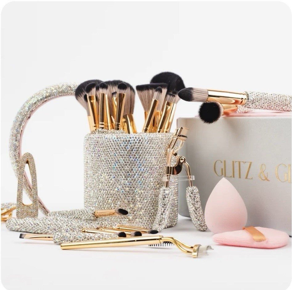 Glitter Makeup Brush Set w/ Sponges, Powder Puff, Eyelash Cu