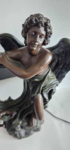 Vintage Art Deco Nouveau Resin Tulip Shade Lady Angel & Cherub Mirror Table Lamp - Picture 2 of 15