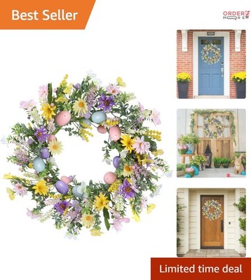 Easter Wreath Artificial Flowers Colorful Eggs Farmhouse Front Door Decor