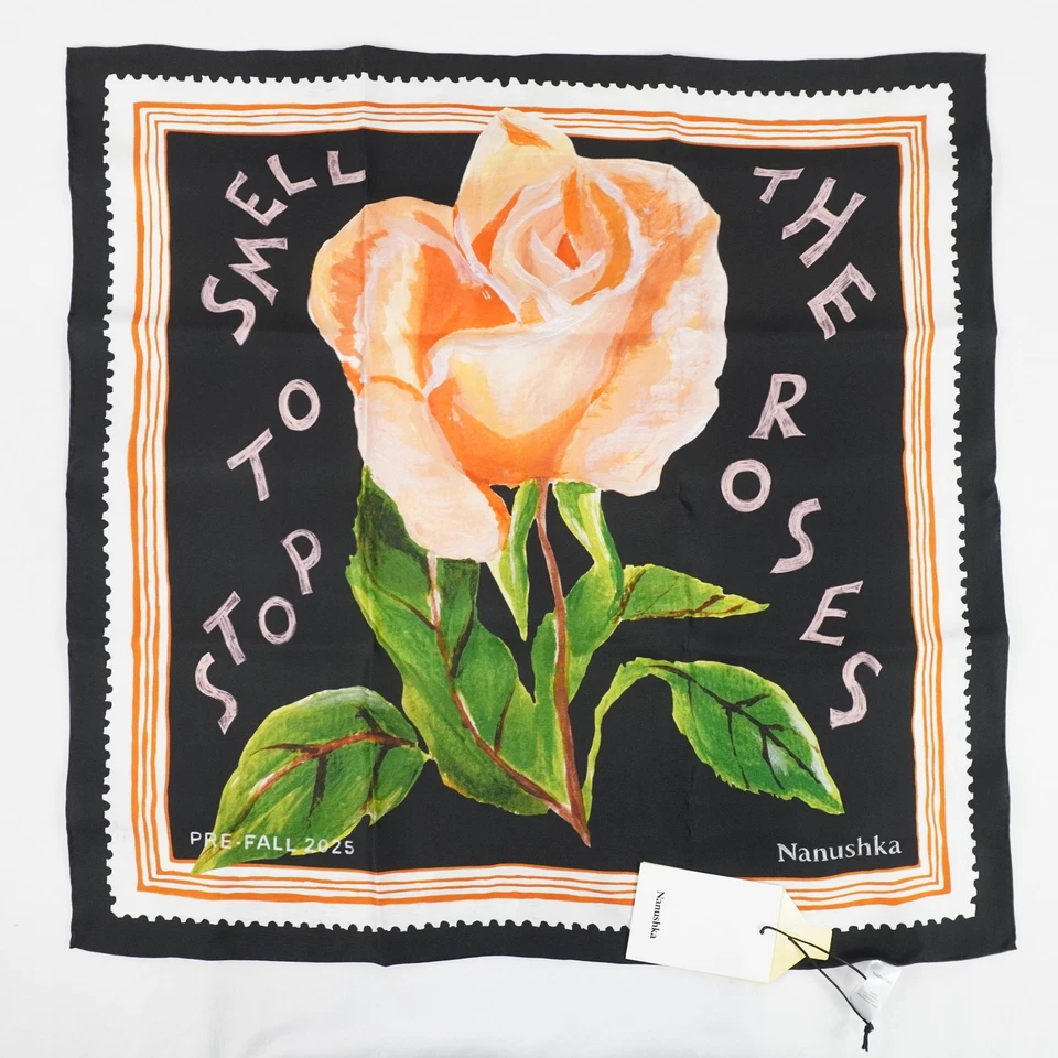 Nanushka Shoul Printed Silk Scarf In Black And Pink Roses - 65cm x 65cm