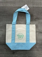 TRADER JOES Mini Canvas Tote Bag Spring 2025 Pastel Blue NWT Green Embroidery