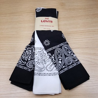 LEVI'S Bandana Set of 3 White Black Paisley 100% Cotton Unisex Handkerchief