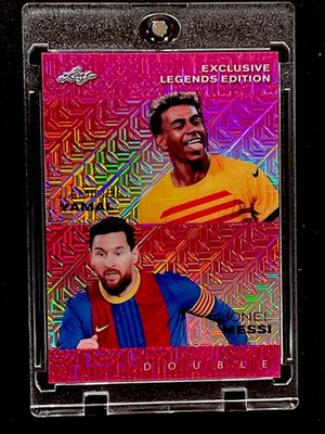 2025 LAMINE YAMAL & LIONEL MESSI LEAF DOUBLE EXCLUSIVE LEGENDS PINK MOJO #/10 !