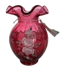 Fenton Cranberry Floral Vase 2003 Family Signature Signed 5.5” Tall New with Tag