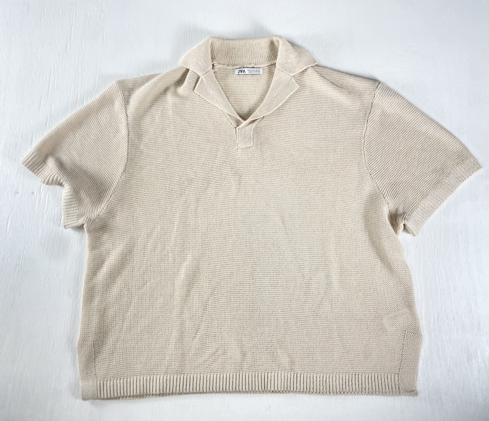 Zara Men’s Jacquard Textured Beige Tan Open Knit Polo Shirt Size M Shirt Sleeve thumbnail 11