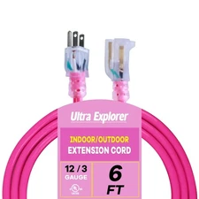 Indoor Outdoor Extension Cord Waterproof 6 FT, 12 Gauge Heavy Duty Pink Exten...