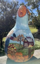 Hand Painted Gourd Farm Scene Large Scarecrow Barn Horse Pumpkin Fall Gorgeous!