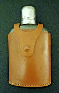 Vintage Glass Bottle Flask Brown Leather Case Saddle Leather Made in England